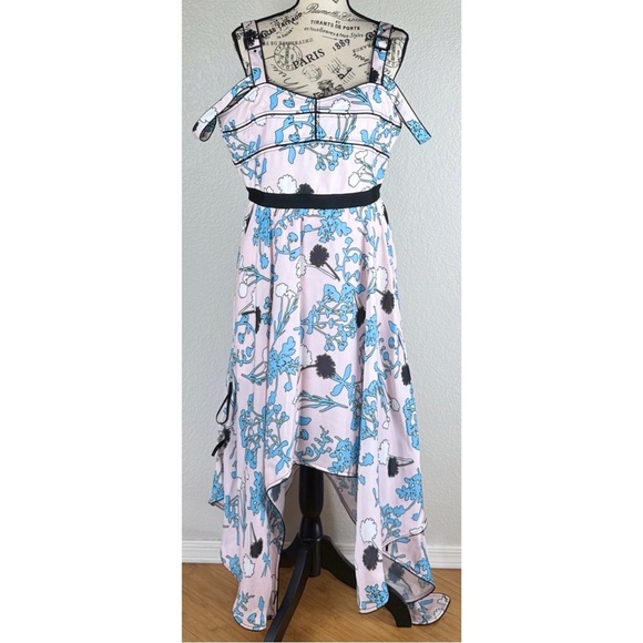 Self Portrait Asymmetric Pink Floral Print Midi A Line Dress, size 10 - Picture 2 of 14